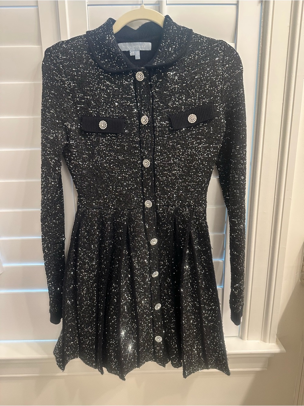 Hill House Black Sparkle Knit Long-Sleeve Dress with Rhinestone Buttons